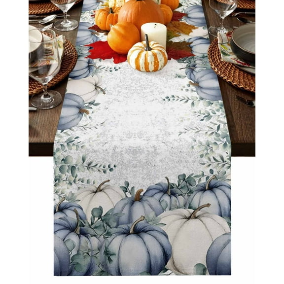 Fall Table Runner Thanksgiving Blue White Pumpkin Table Runners Green Leaf Plant Cotton Linen Dresser Scarf Kitchen Dining Table Decor for Fall Holiday Party Decor 13x36 Inch
