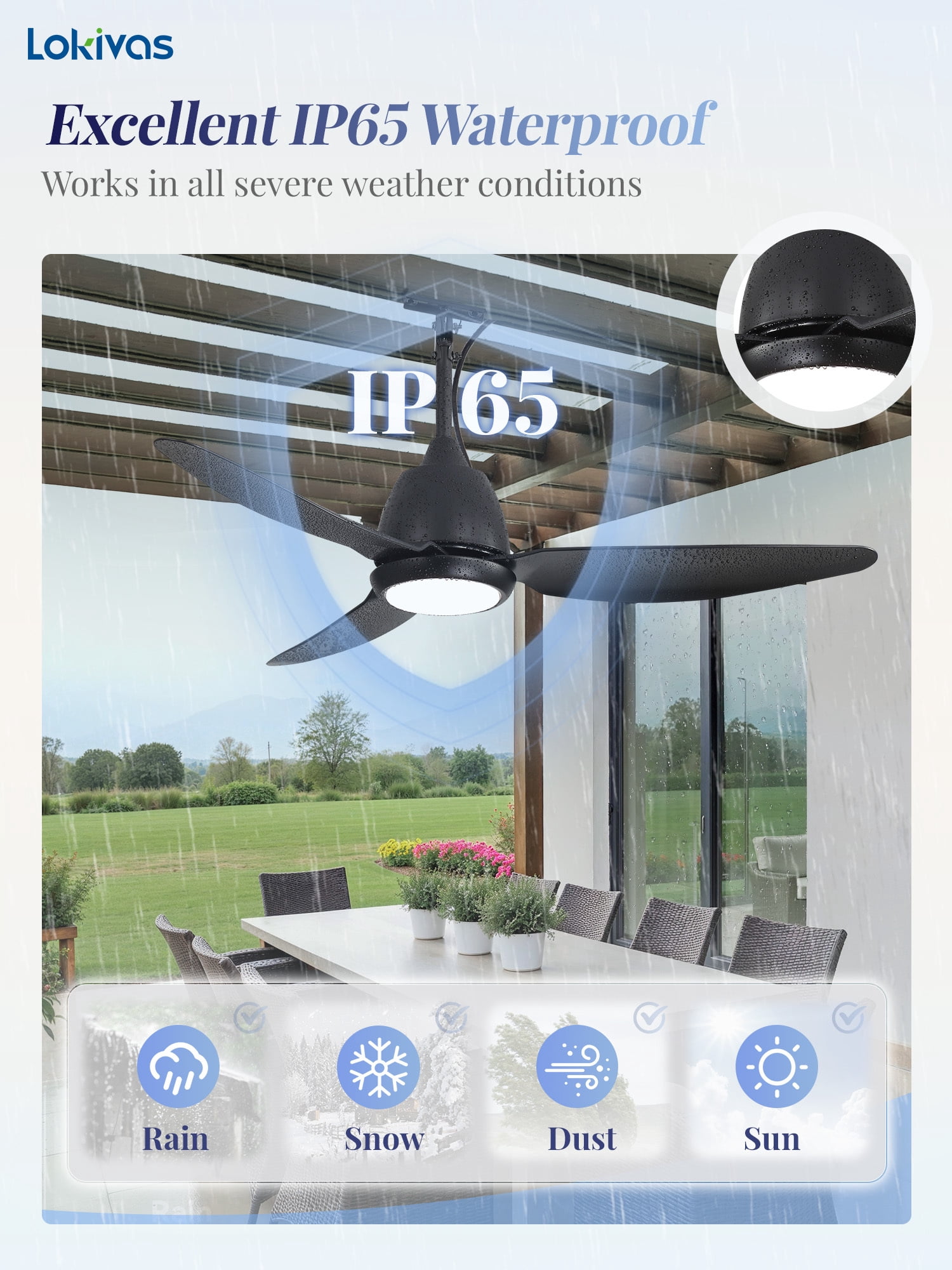 Lokivas 42" Black Waterproof Outdoor Gazebo Ceiling Fan with Light, Quiet 6 Speeds, APP & Remote, IP65 Plug-in DC Motor, Dimmable 3CCT, Hanging Cord for Patio Porch