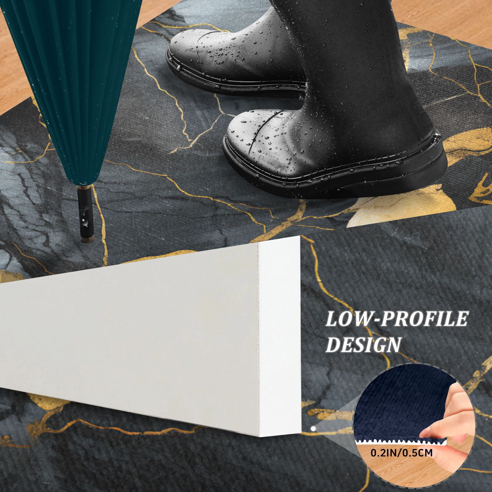JSTEL Gold & Black Marble Front Door Mat Outside Entrance 32x20 Inch Doormat for Outdoor Indoor Washable Non Slip Floor Mats