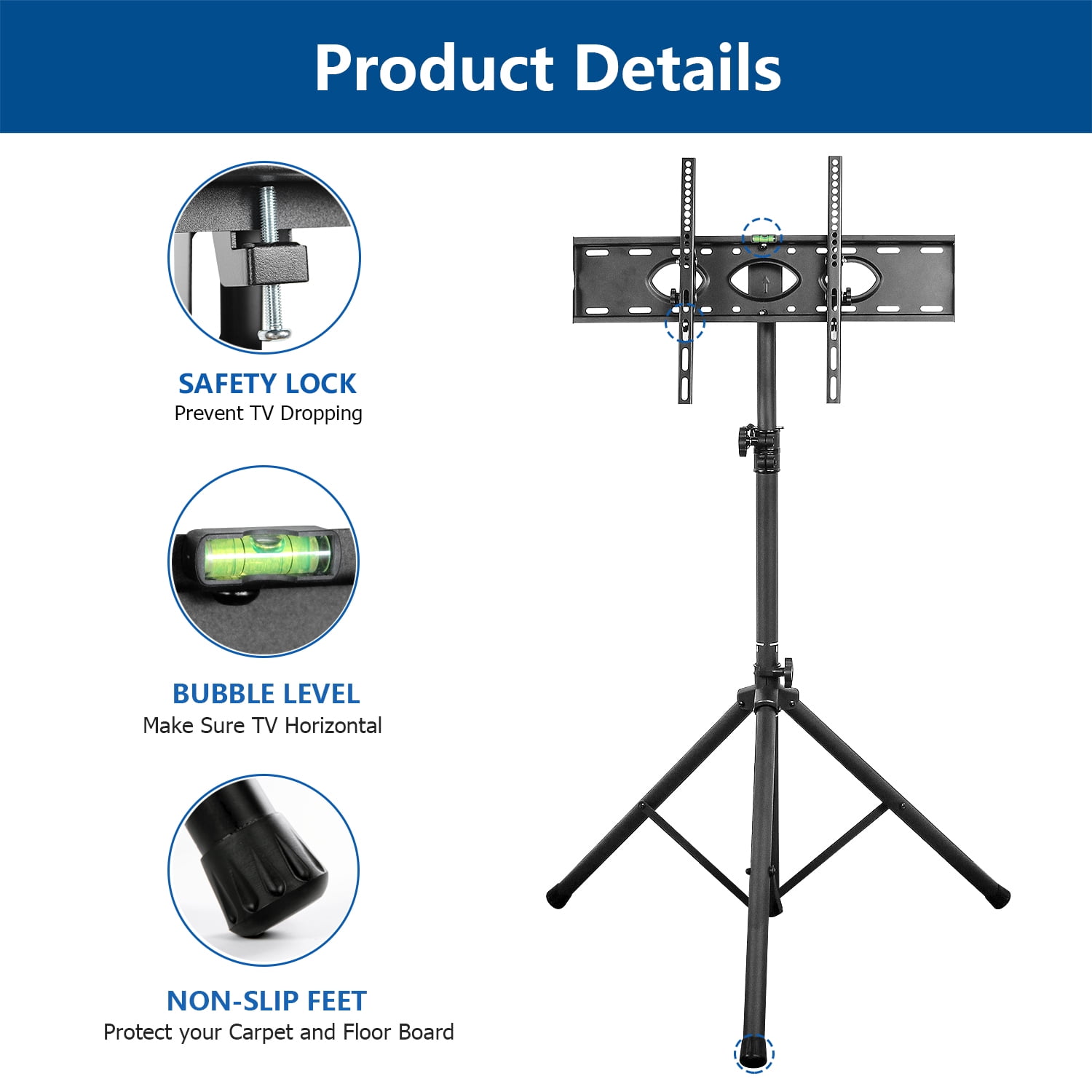 RTVR Portable TV Tripod Stand for 23-75 inch Flat Screens, Black TV Mount Stand for Outdoor Outside, 31.5 x 74.9 x 31.5"
