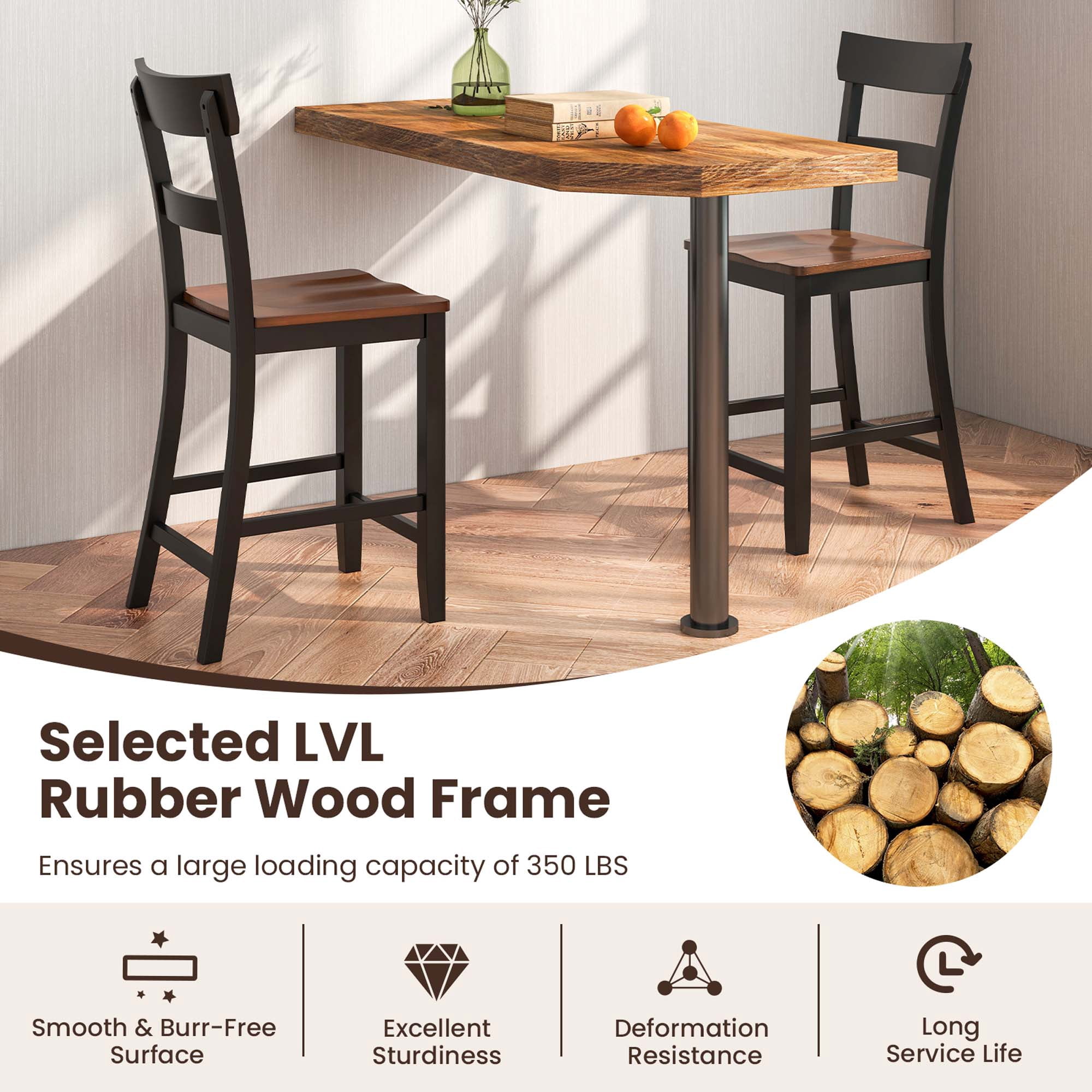 Costway Wooden Bar Stool Set of 2 Bar Chairs with LVL Rubber Wood Frame, Backrest, Footrest Black