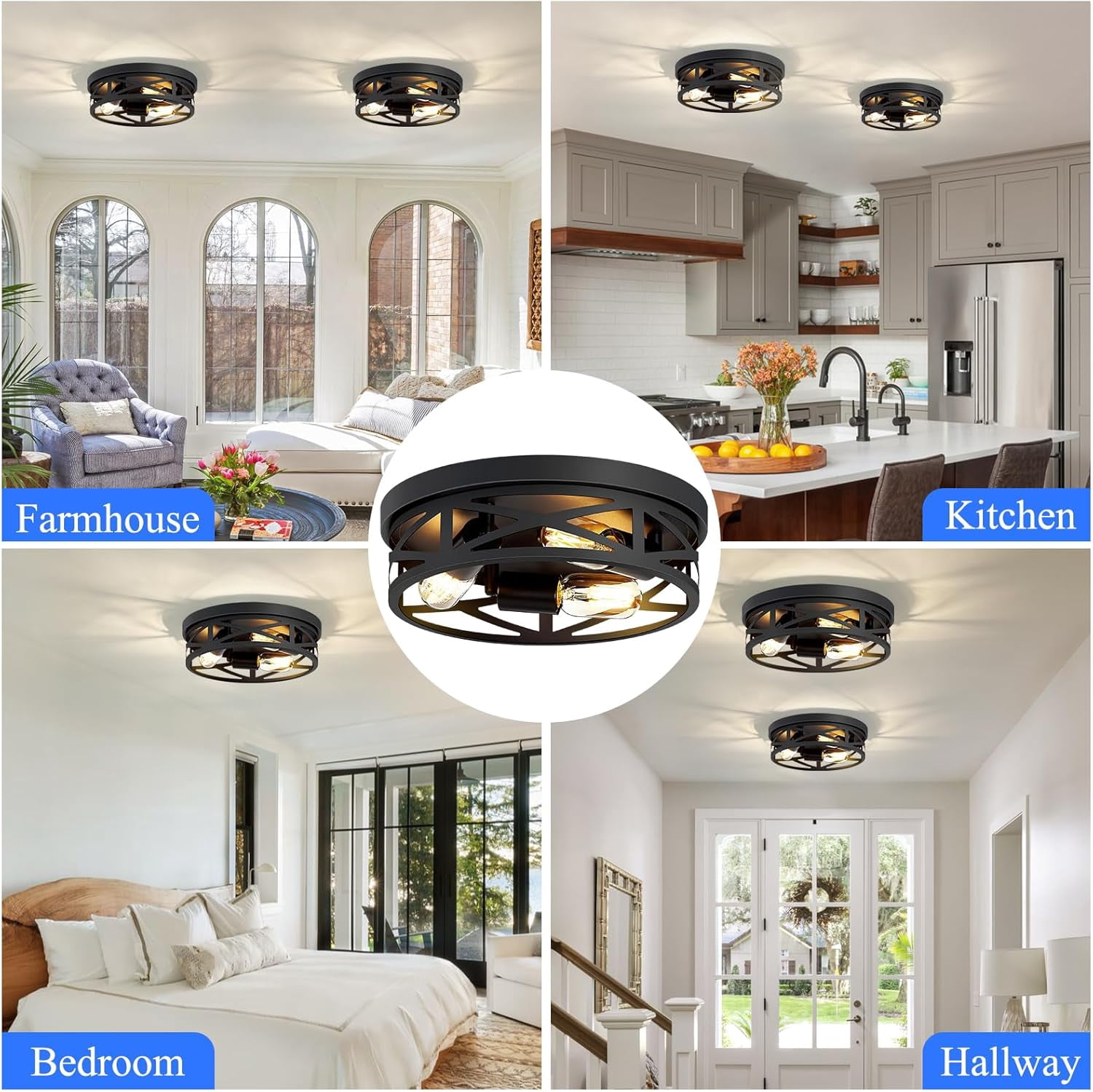 2 Pack 13 inch Black Flush Mount Ceiling Light Fixtures,3-Light Modern Hallway Light Fixtures Ceiling, Black Light Fixture Ceiling Mount for Farmhouse,Kitchen, Bedroom