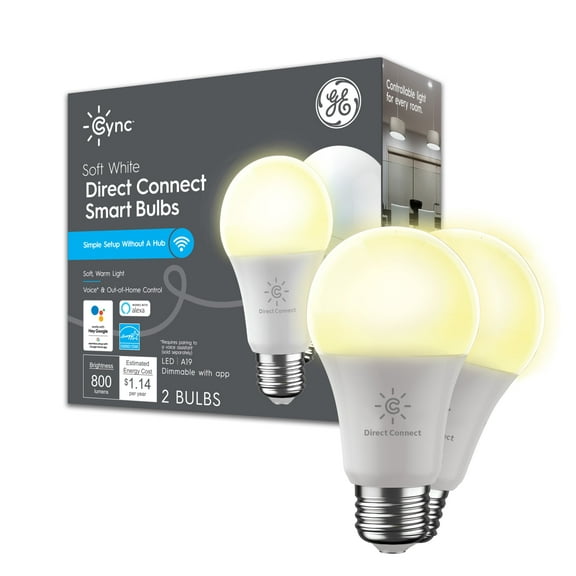 GE Cync A19 Smart LED Light Bulbs, Soft White Indoor Décor Lights, 60 Watts, Medium Base, 2pk