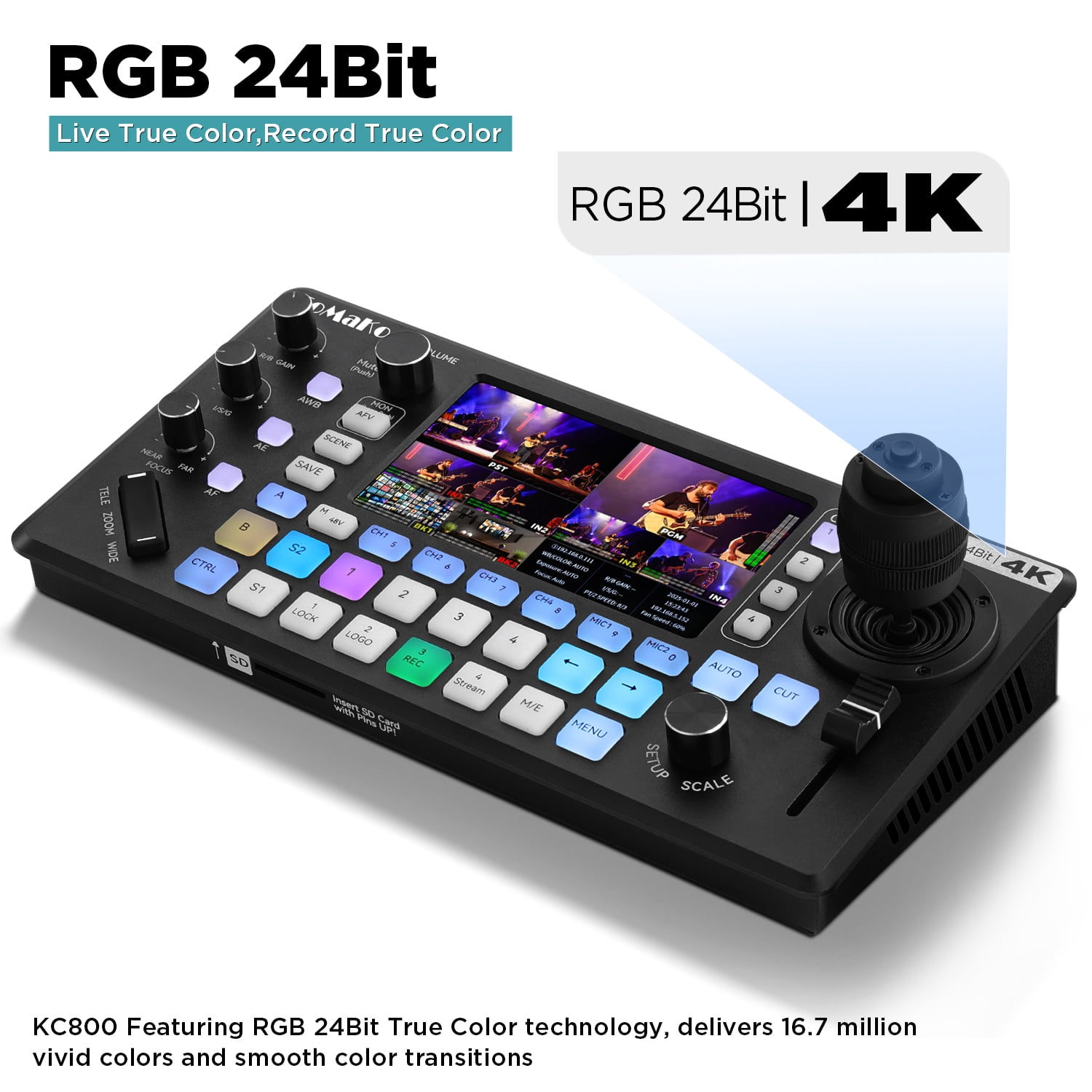 FoMaKo 4k HDMI Multi-Camera Video Mixer Switcher, Integrated Professional 4D Joystick PTZ Camera Controller, 5.5" FHD Screen, XLR Audio and USB/SD Recording,4K 60FPS Input, 1080p 60FPS Output,KC800