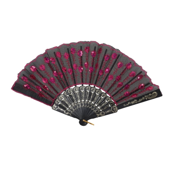 Unique Bargains 1 Pc Sequins Folding Fan for Masquerade Rose Red Cotton Linen