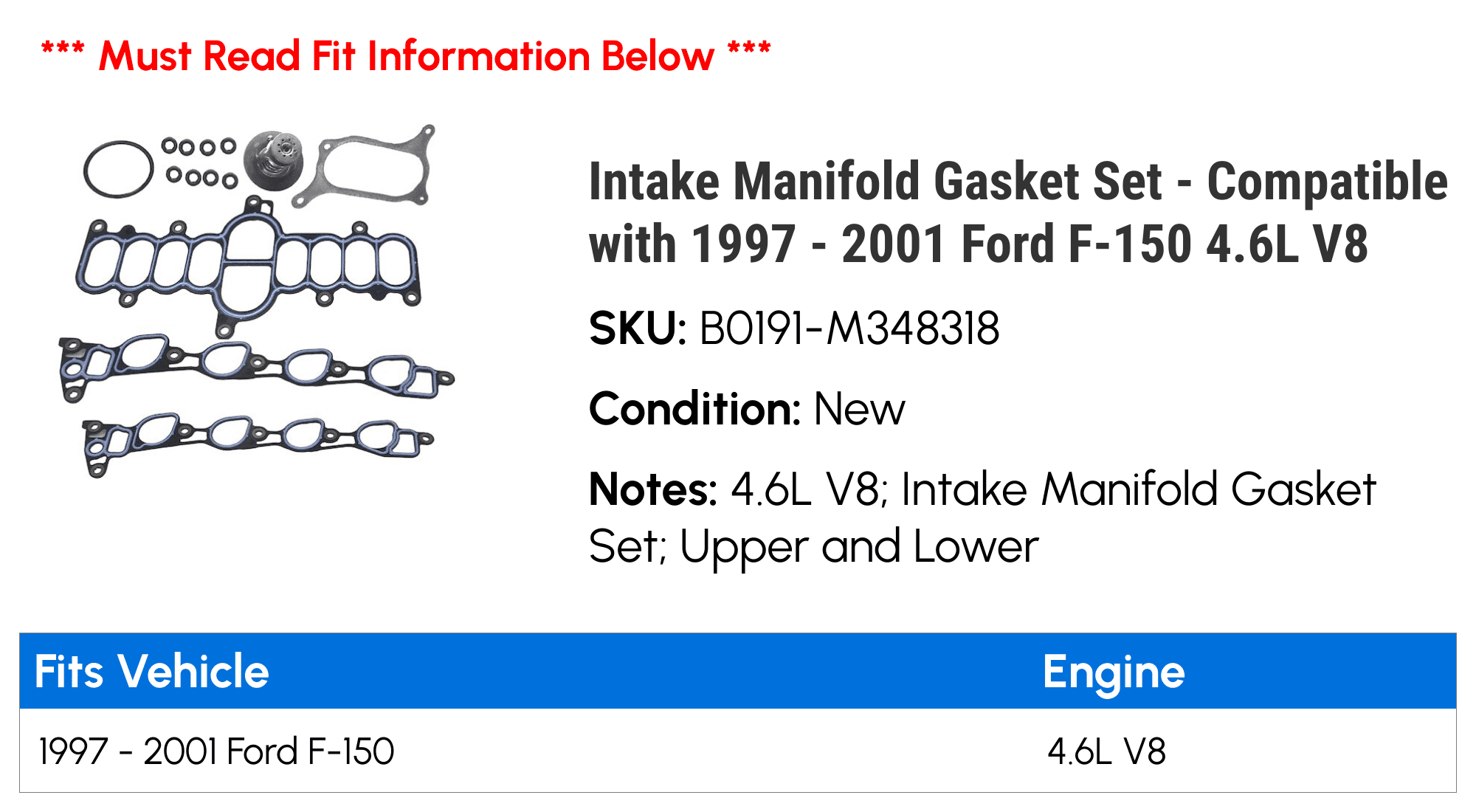 Intake Manifold Gasket Set - Compatible with 1997 - 2001 Ford F-150 4.6L V8 1998 1999 2000