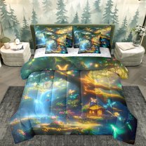 Homewish Natural Scenery 7pcs Bedding Comforter Set,Neon Dreamy Butterfly Queen Bedding Sets,Blue Green Gold Queen Sheet Sets For Girls Kids,Luxury Bedroom Decor Reversible