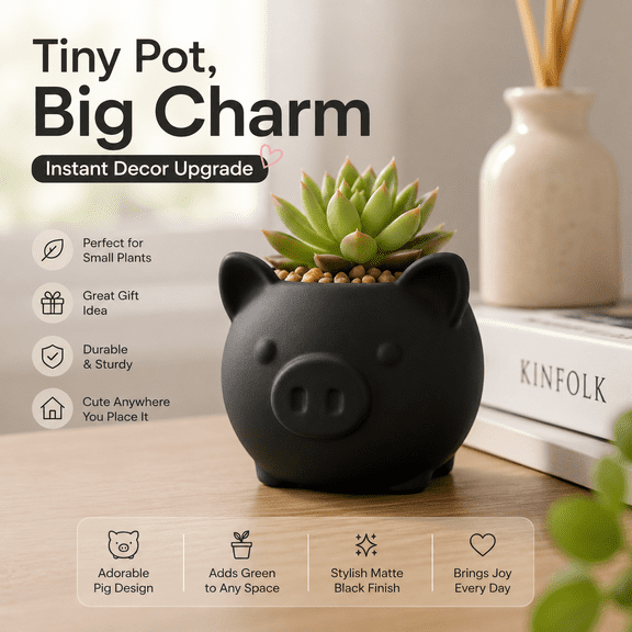 Mini Pig Shaped Planter with Drainage Hole, Cute Animal Plants Pot, Indoor Flower Pot for Cactus Herbs, Decorative Container for Home Office Desk Windowsill, Black