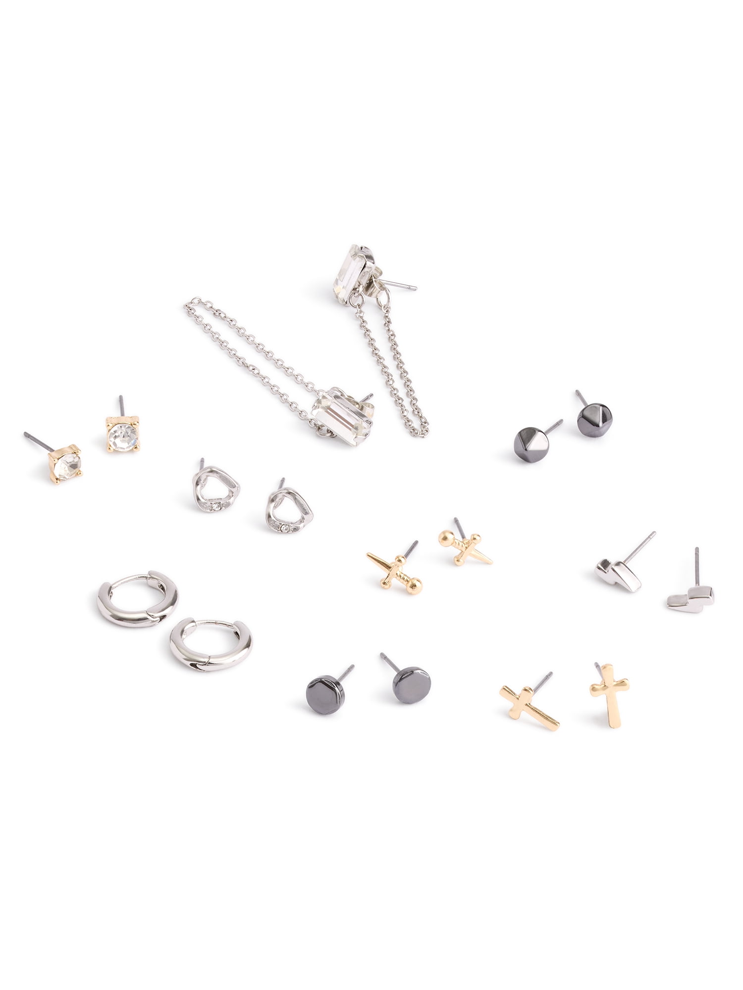 Madden NYC Women's Fashion Tri Tone Stud and Baguette Swag Chain Mixed Earring Set, 9-Piece