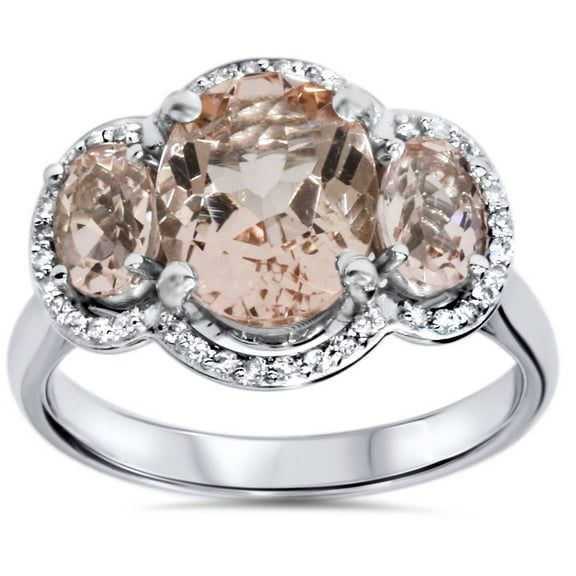Pompeii 2 3/4ct 3 Stone Oval Morganite & Diamond Halo Ring 14K White Gold (H/I,I1-I2)