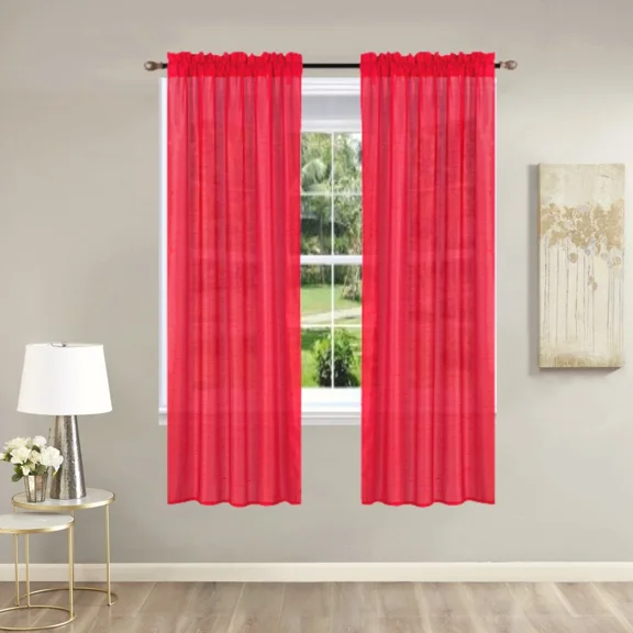Luxury elegant 2 piece MR2 red curtain semi sheer voile rod pocket solid color can see thu window treatment drape size 54" wide X 63" length each panel