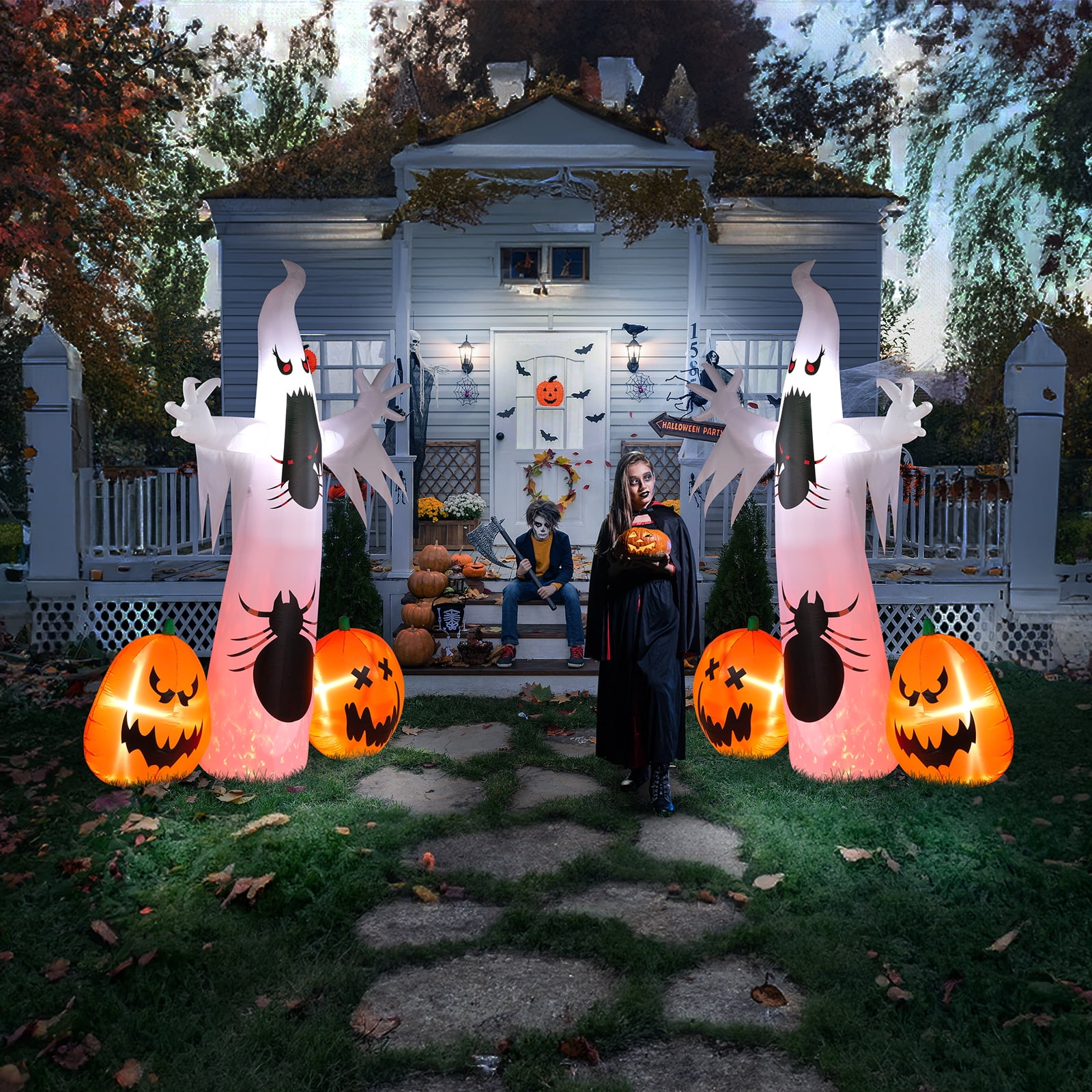 11.8 FT Halloween Inflatable Ghost Spider Pumpkin Decoration with LED Lights, Giant Blow-Up Yard Decor for Parties Quick-Inflate Includes Stakes/Ropes