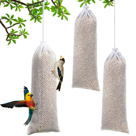 Finch Sock Feeder 3 Pack, Thistle Seed Sacks for Wild Birds, Hanging Mesh Bird Feeders for Garden Patio Trees, White