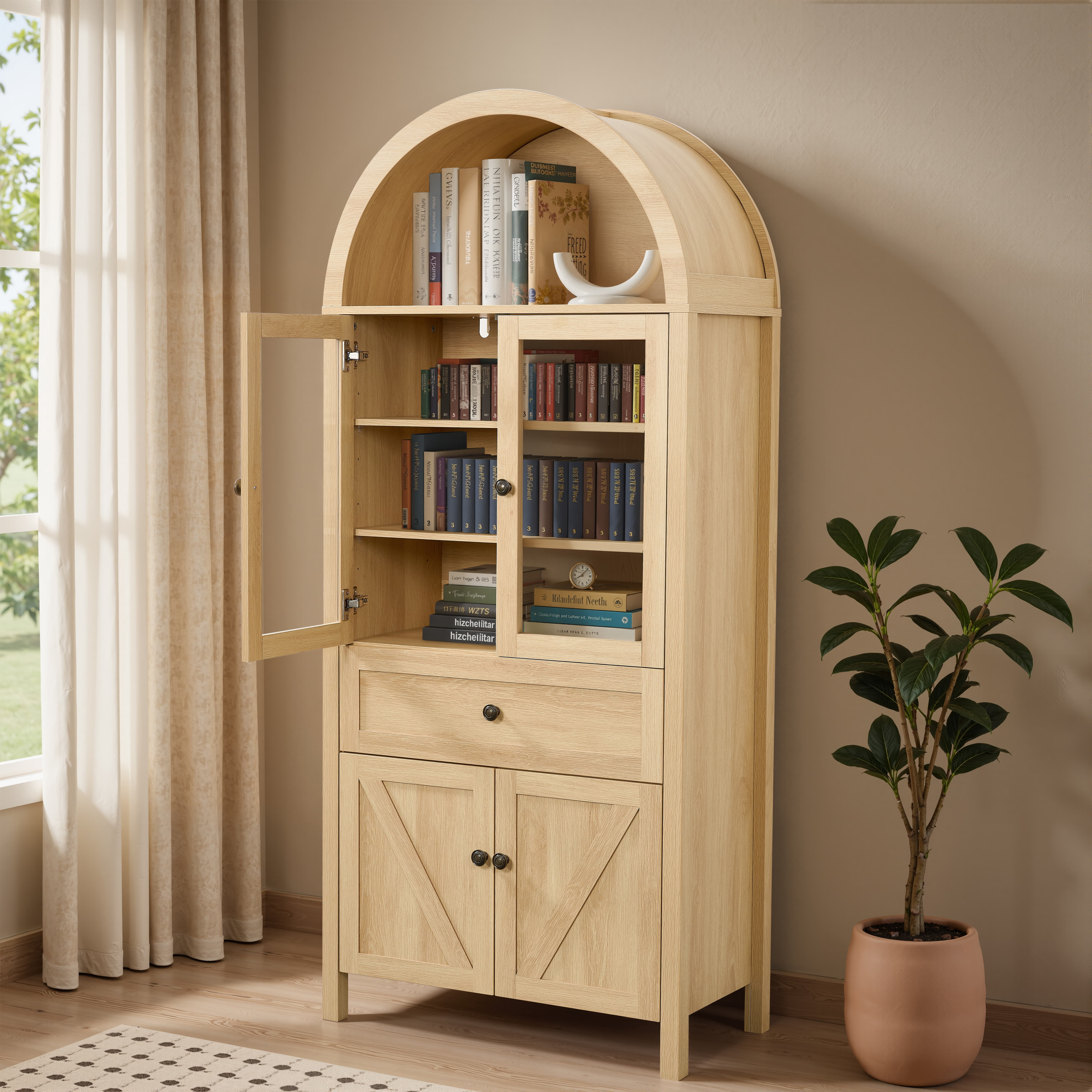 Aukfa Retro Wood Storage Cabinet, Arched Tall Kitchen Pantry with Bookshelf & Sideboard,Natural