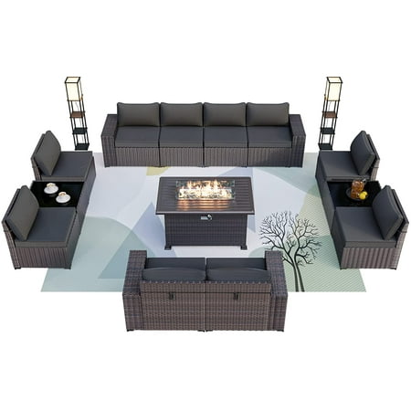 Gotland 13 Pieces Outdoor Patio Furniture Set with Propane 43 Fire Pit Table Outdoor Sectional Sofa Sets Patio PE Rattan Patio Conversation Set (Grey)