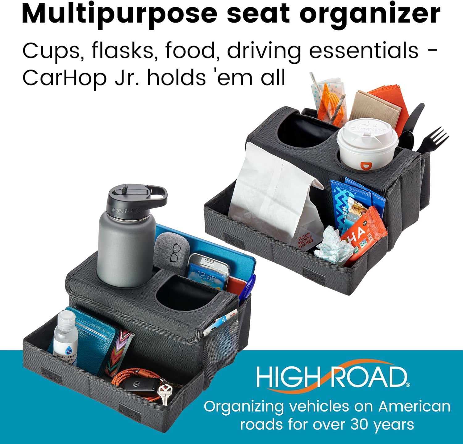 CarHop Jr - Car Organizer with Cup Holders and Storage or Eating Tray for Front Seat Drivers Back Kids Adults
