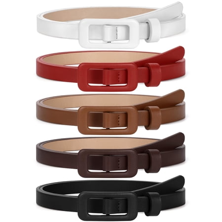 SUOSDEY 5 Pack Women Skinny Leather Belt Thin Waist No Hole Belt for Ladies Jeans Dress Pants