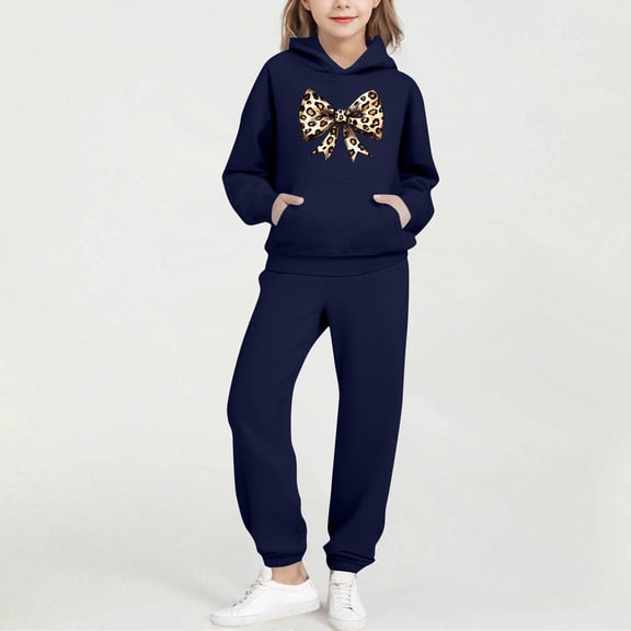 BRGZLK Trendy Girls Outfits Bow Print Round Neck Long Sleeve Hooded Sweatshirt Regular Shoulder Sweatshirt with Pocket Sweatshirt and Sweatpants Two Pieces Set Dark Blue 3-4 Years