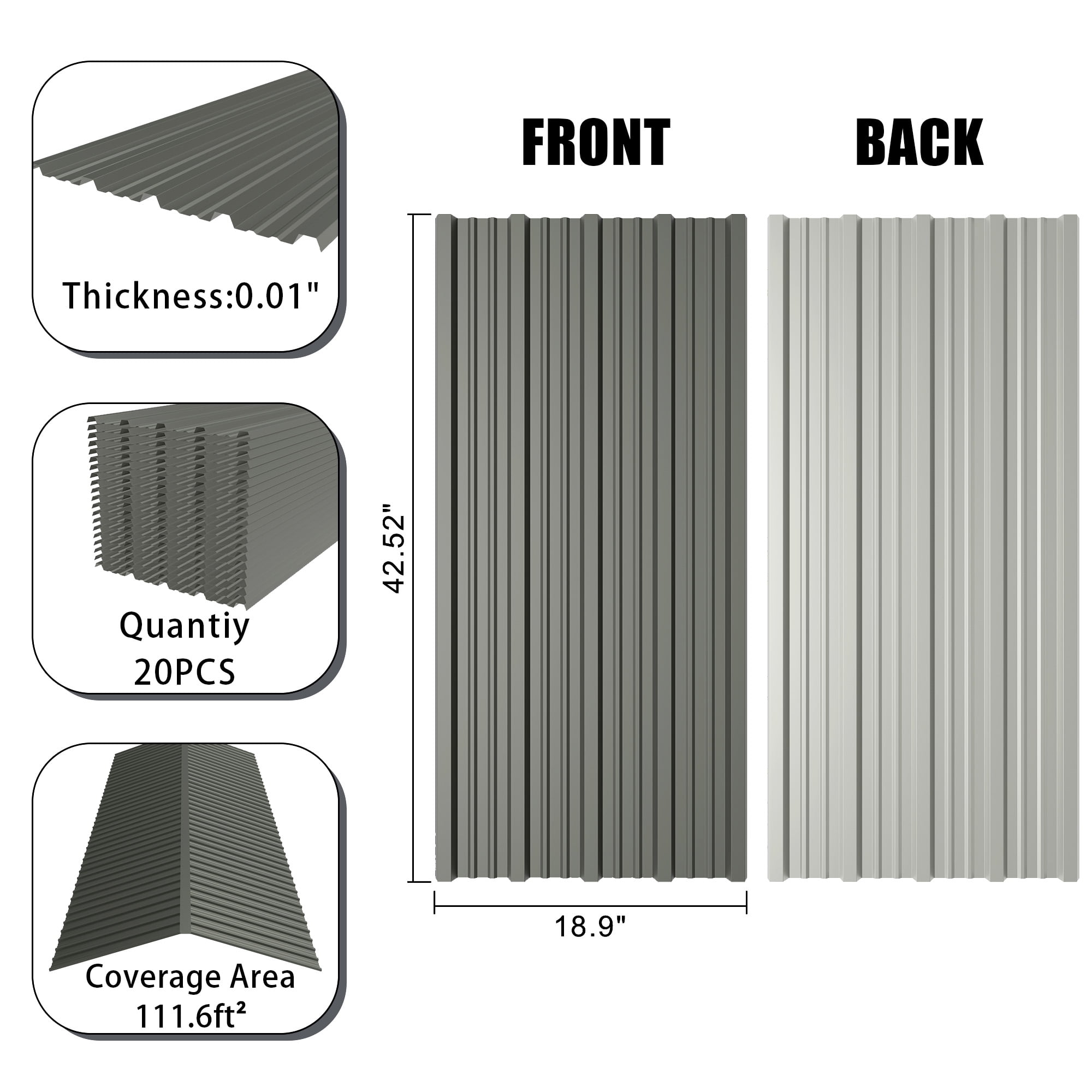 Corrugated Galvanized Metal Roofing Panels 18.9x42.52 in, Waterproof Metal Siding for Outdoor House Storage Chicken Coop Garage Shed, Gray, 20pcs