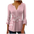thumbnail image 2 of BADHUB Women's Plus Size Tops Summer Floral Print Tunic Blouses Dressy 3/4 Bell Sleeve Henley Tops Pleated Slim Fit Shirts Lightweight Button V Neck T-Shirt, 2 of 5