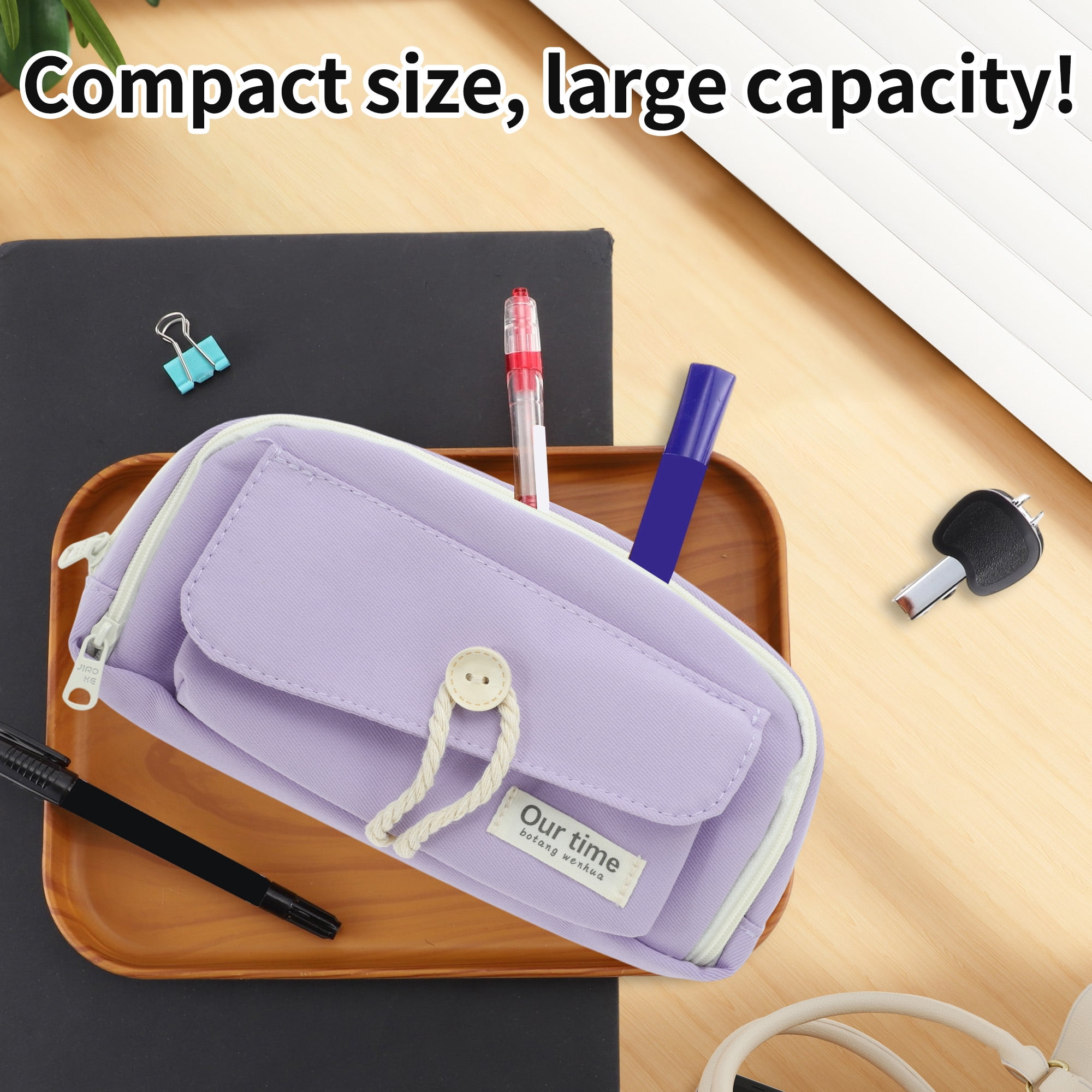 Unique Bargains Canvas Pencil Case, Large Capacity Pen Pouch, Aesthetic Organizer Purple