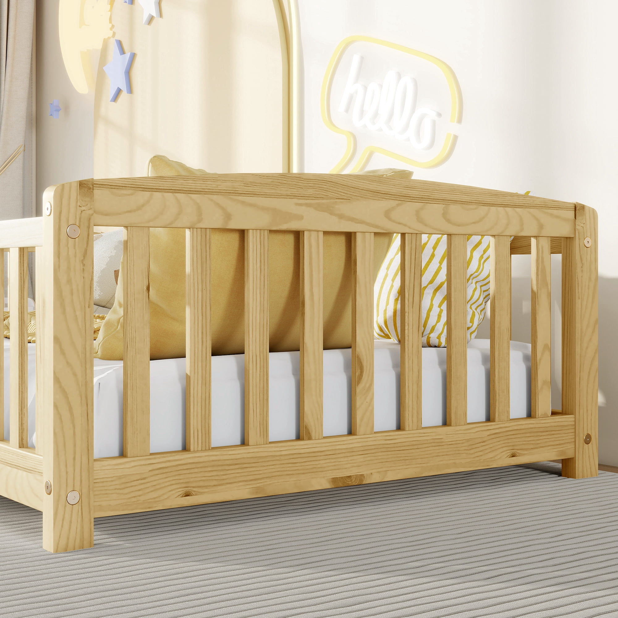 Mintazer Twin Size Toddler Floor Bed with Guardrails & Central Entrance, Natural