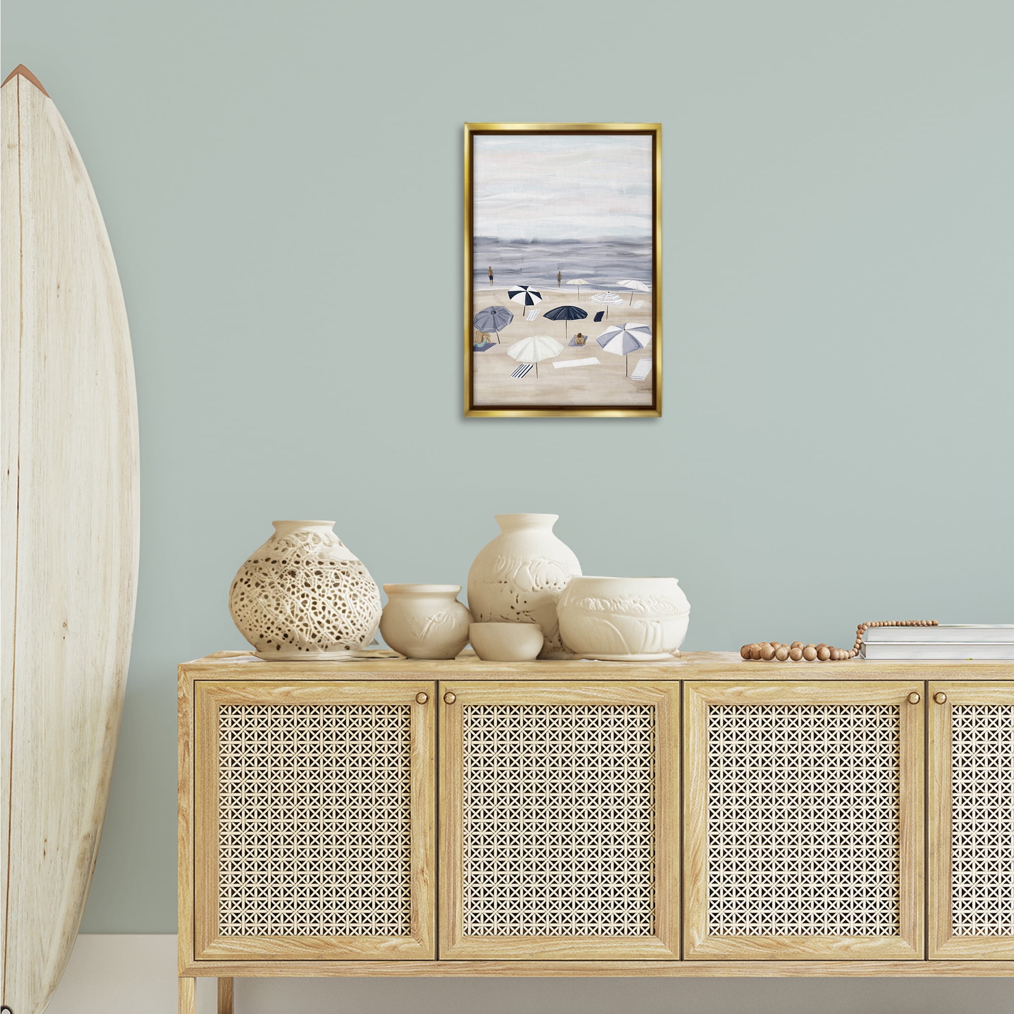 Stupell Industries Summer Beach Umbrellas Nautical & Beach Painting Gold Floater Framed Canvas Art Print Wall Art, 17 x 25