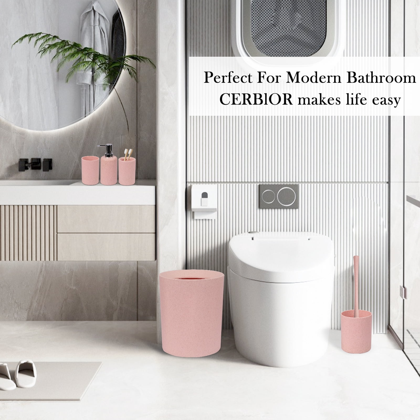 CERBIOR Bathroom Accessories Set 6 Piece Wheat Straw Bath Ensemble Includes Soap Dispenser, Toothbrush Holder, Toothbrush Cup, Soap Dish for Decorative Countertop and Housewarming Gift, Pink