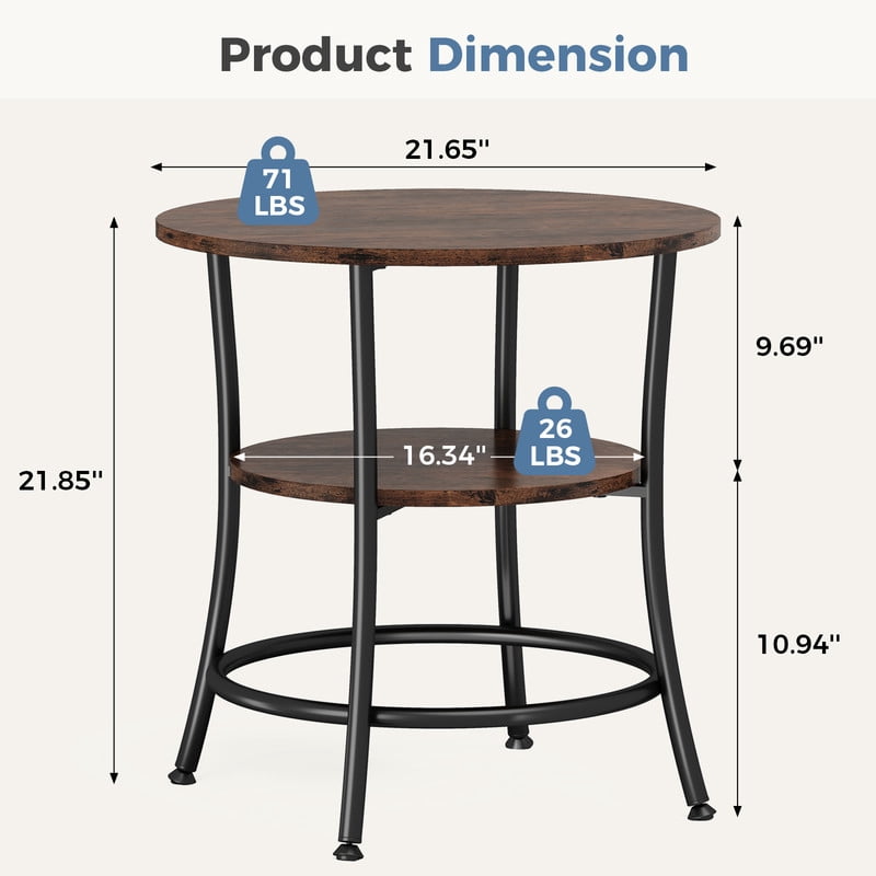 Gianna 2-Tier Round Side Table，Space-Saving End Table for Small Living Room & Bedroom，Rust Brown
