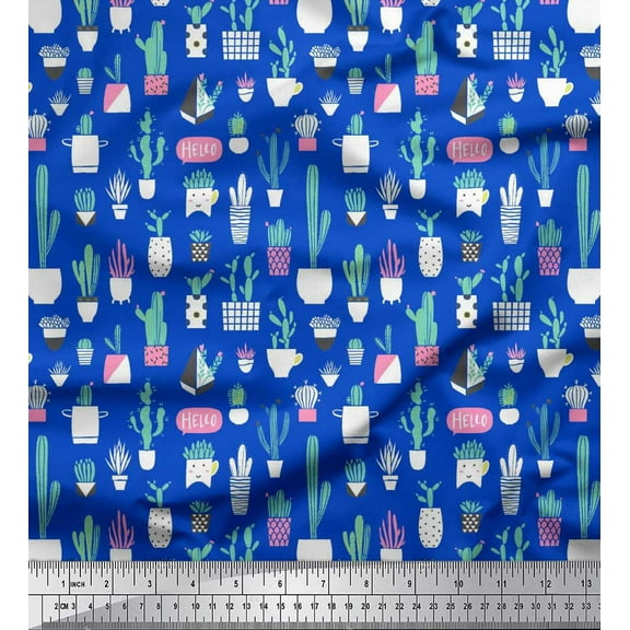 Soimoi Polyester Crepe Fabric Pot & Cactus Tree Decor Fabric Printed Yard 52 Inch Wide
