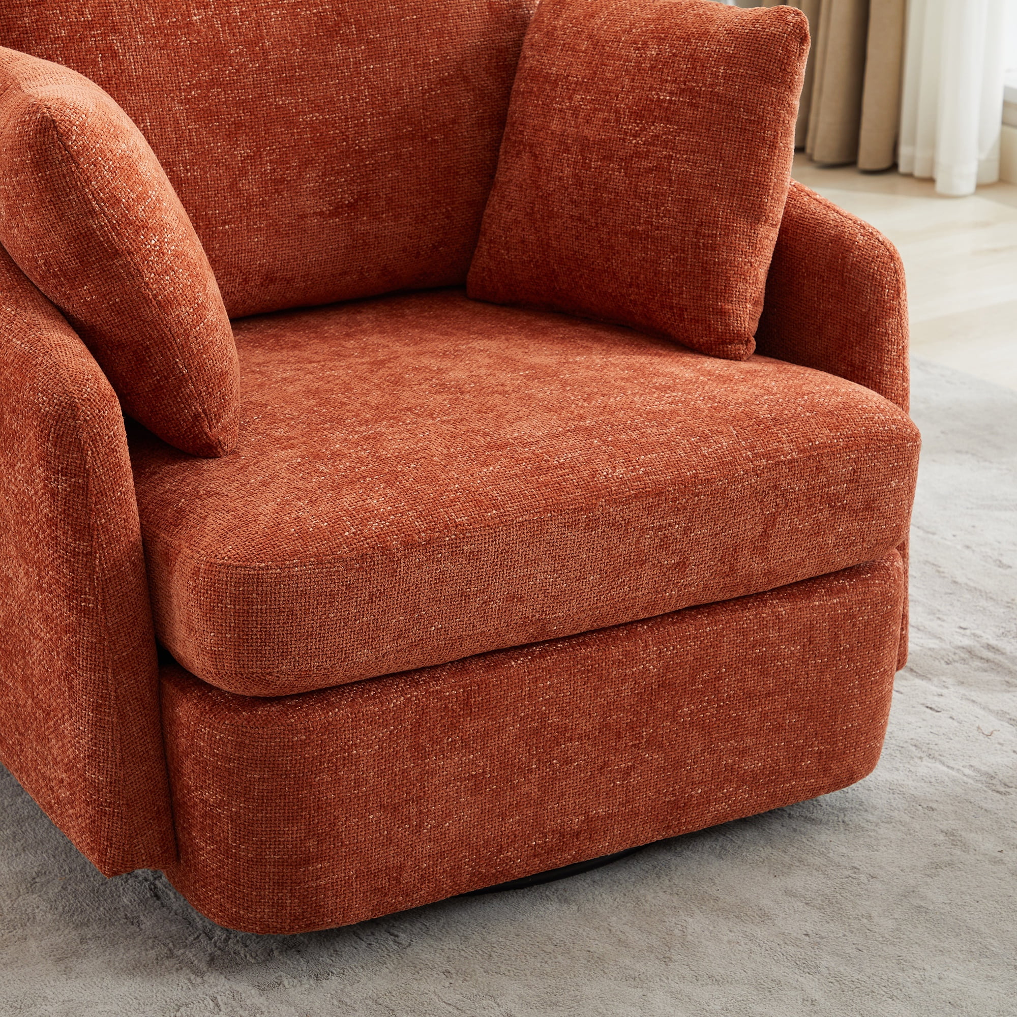 PORKISS Swivel Accent Chair, Modern Barrel Chair with 2 Thorw Pillows, Oversized Comfy Round Armchair Reading Chair, Comfy Chair for Bedroom Living Room, Orange