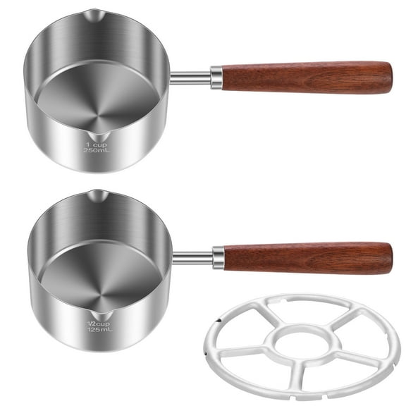 2 Pcs Stainless Steel Pot with Stove Rack Multipurpose Melting Pot with Double Spouts and Long Wood Handle Dishwasher Safe Sauce Pan for Cooking