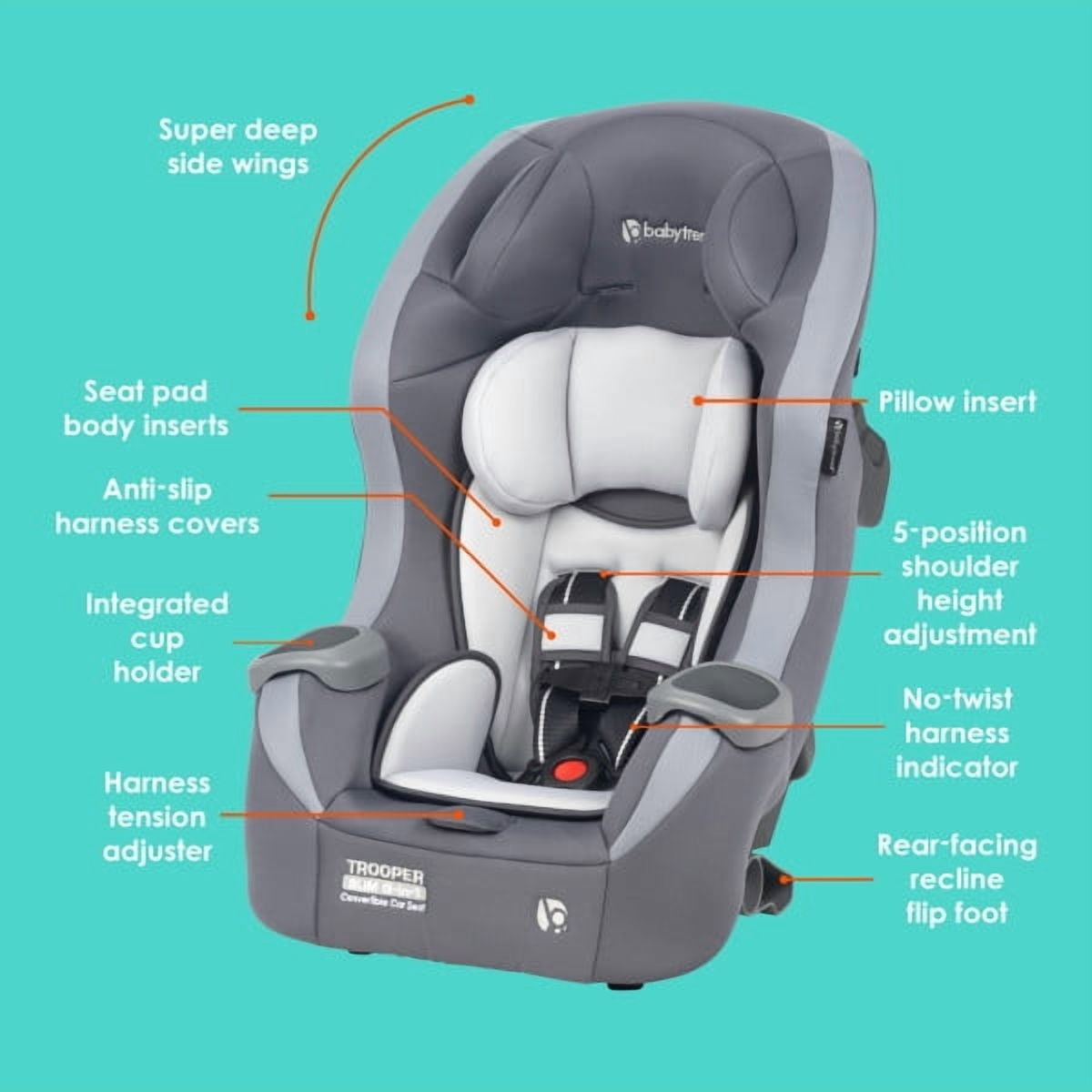 Baby Trend Trooper™ SLIM 3-in-1 Convertible Car Seat with Side Impact Protection, Dash Grey