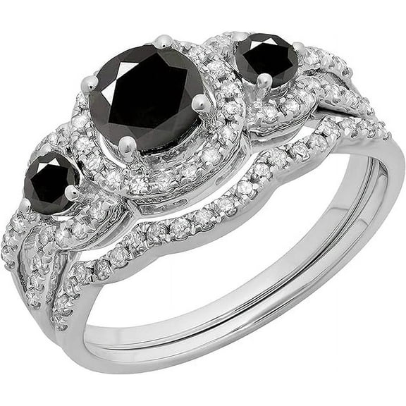 beryl_creation 1.10 Ct Round Cut Black & White Diamond Wedding Engagement Bridal Ring Set 14K White Gold Plated 925 Sterling Silver For Women's -8.5