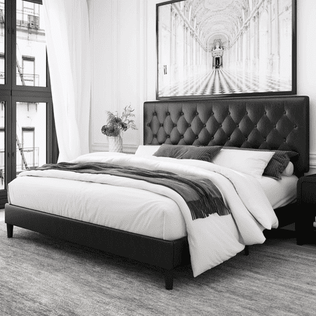 Homfa King Bed Frame  Black Faux Leather Upholstered Button Tufted Low Profile Platform Bed Frame with Adjustable Headboard for Bedroom