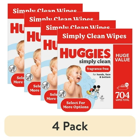 (4 pack) Huggies Simply Clean Unscented Baby Wipes, 11 Flip-Top Packs, 704 Total Count (Select for More)