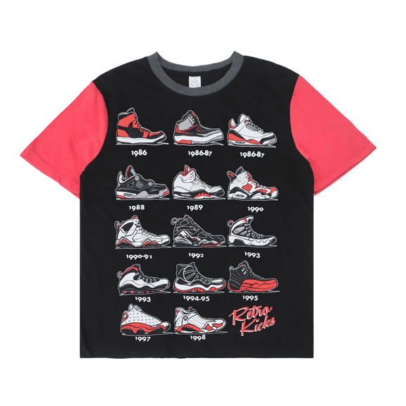 Retro Kicks Men's Evolution Of Jordan Shoes Throughout The Years Tee T-Shirt (Small, Black/Red)