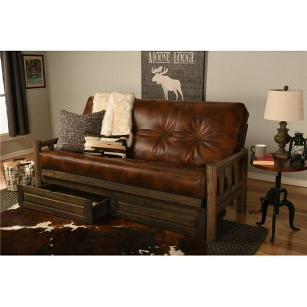 Lodge Rustic Walnut Futon Frame with Oregon Trail Saddle Mattress