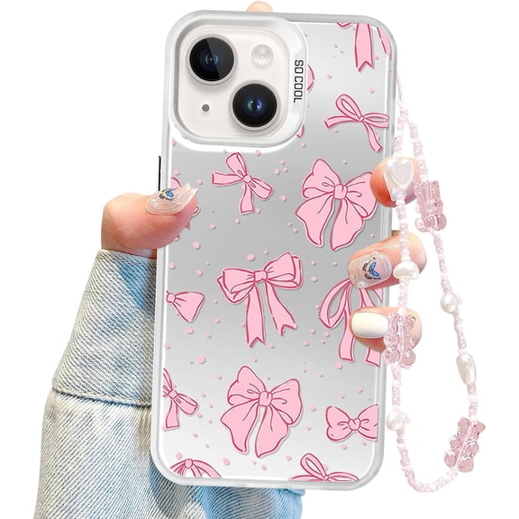 Coquette Bow Phone Case for iPhone 14, Cute Pink Ribbon Bow Aesthetic Case for Women Girls with Bracelet Chain - Pink