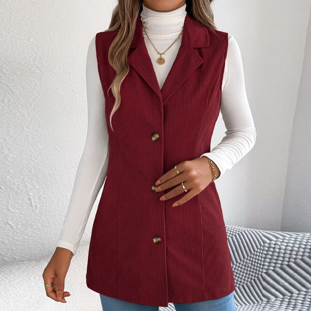Chaquetas y abrigos casuales sin mangas y sin capucha para mujer, de color liso, informales, para otoño/invierno, con botones y cuello vuelto, chaquetas, camisa de poliéster para mujer