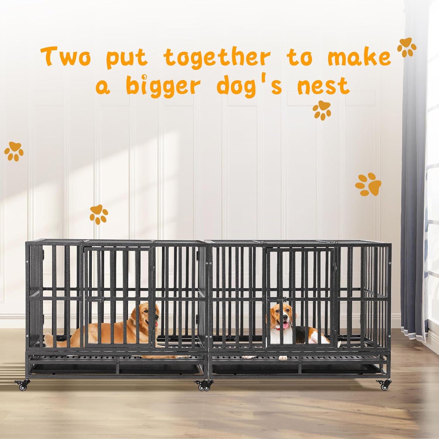 Magic Union 38 inch Large Heavy Duty Dog Crate with Lockable Wheels and Removable Tray for Large Dog,Escape Proof Folding Dog Cage Kennel with Sturdy Lock for Indoor and Outdoor,Black