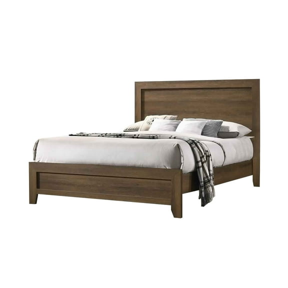 Wooden Queen Bed with Molded Trim Headboard and Chamfered Legs, Brown