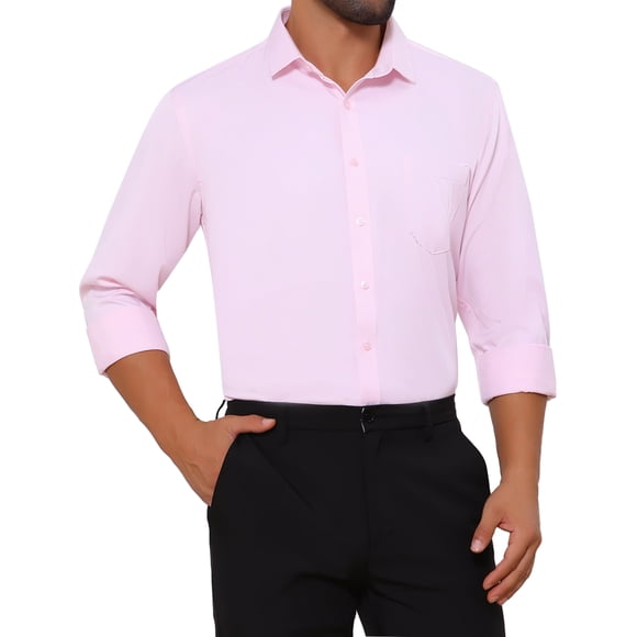 Camisa de hombre de edición INSPIRE CHIC, con cuello de punta, de manga larga, botón, color sólido, camisa de vestir de negocios, color rosa