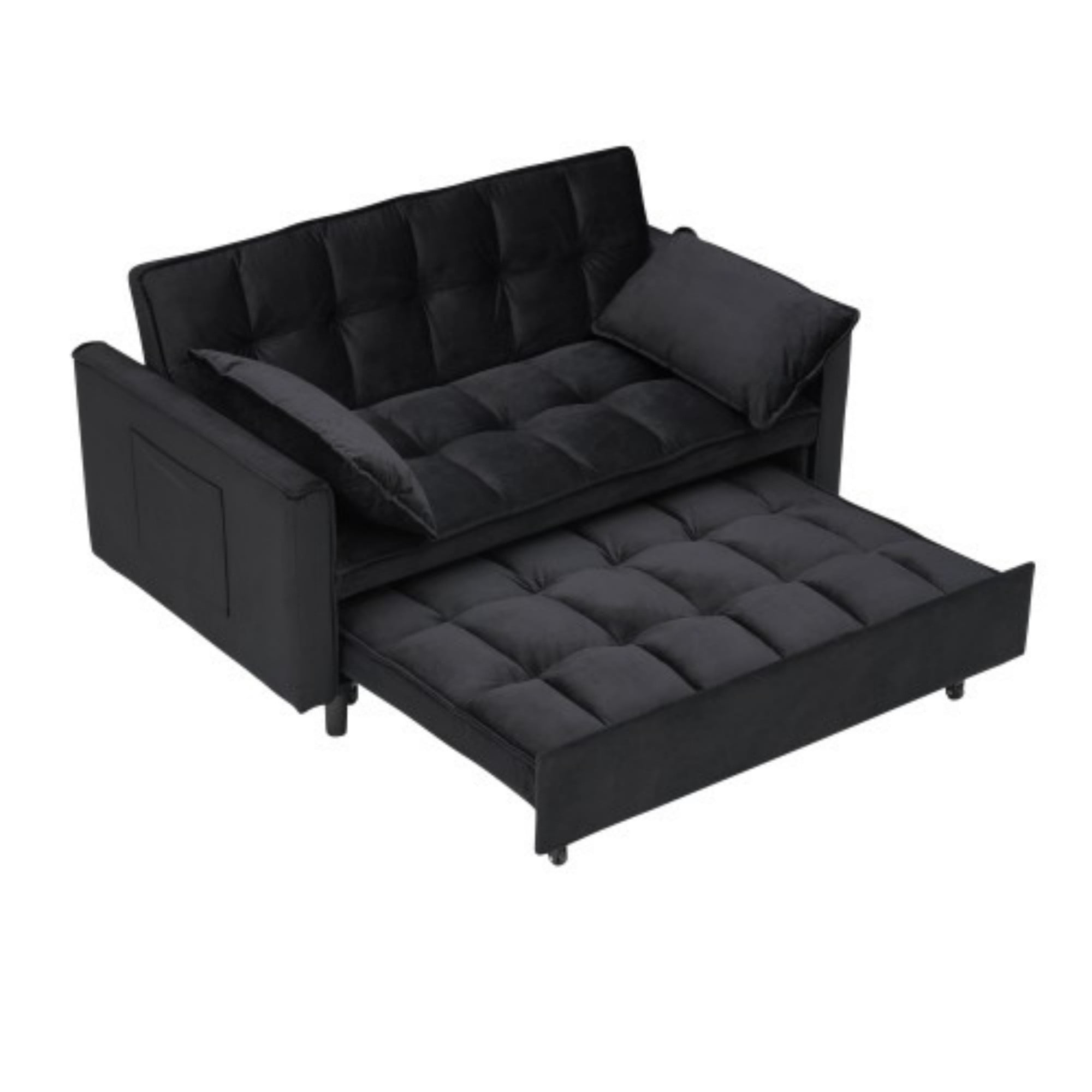 Velvet Loveseat Sofa Bed, 3-in-1 Convertible Sleeper Couch with Pullout Bed & Reclining Backrest, Black