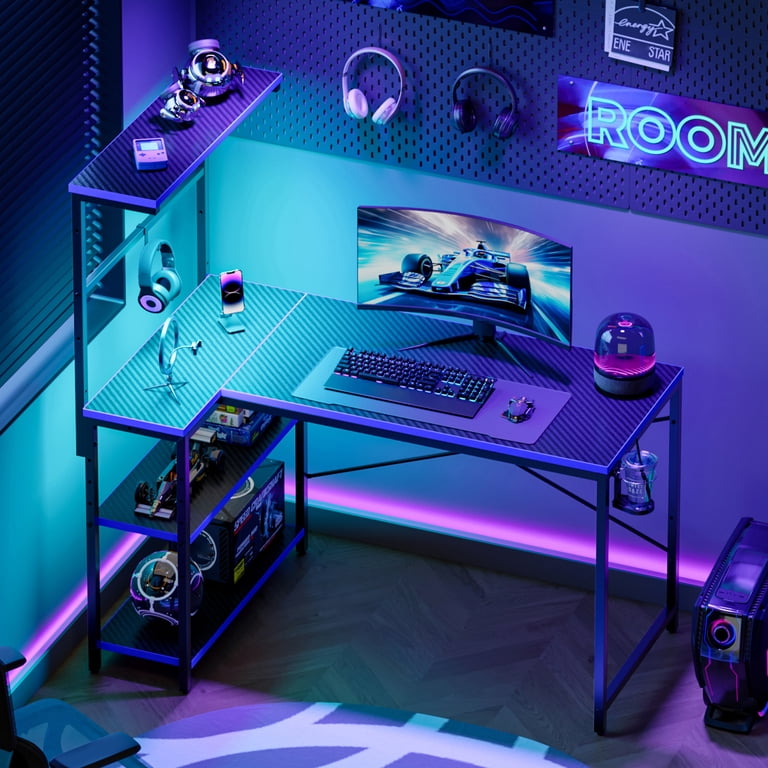 RSPGAME 42" L-Shaped Gaming Desk with LED Lights, Blue photo 8