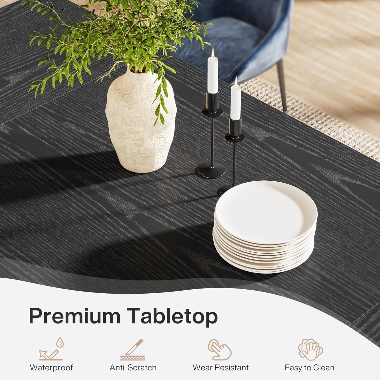 Finmind 70.87" Dining Room Table: Solid Wooden Farmhouse Kitchen Table for 6-8, Rustic Long Dinner Table, Black