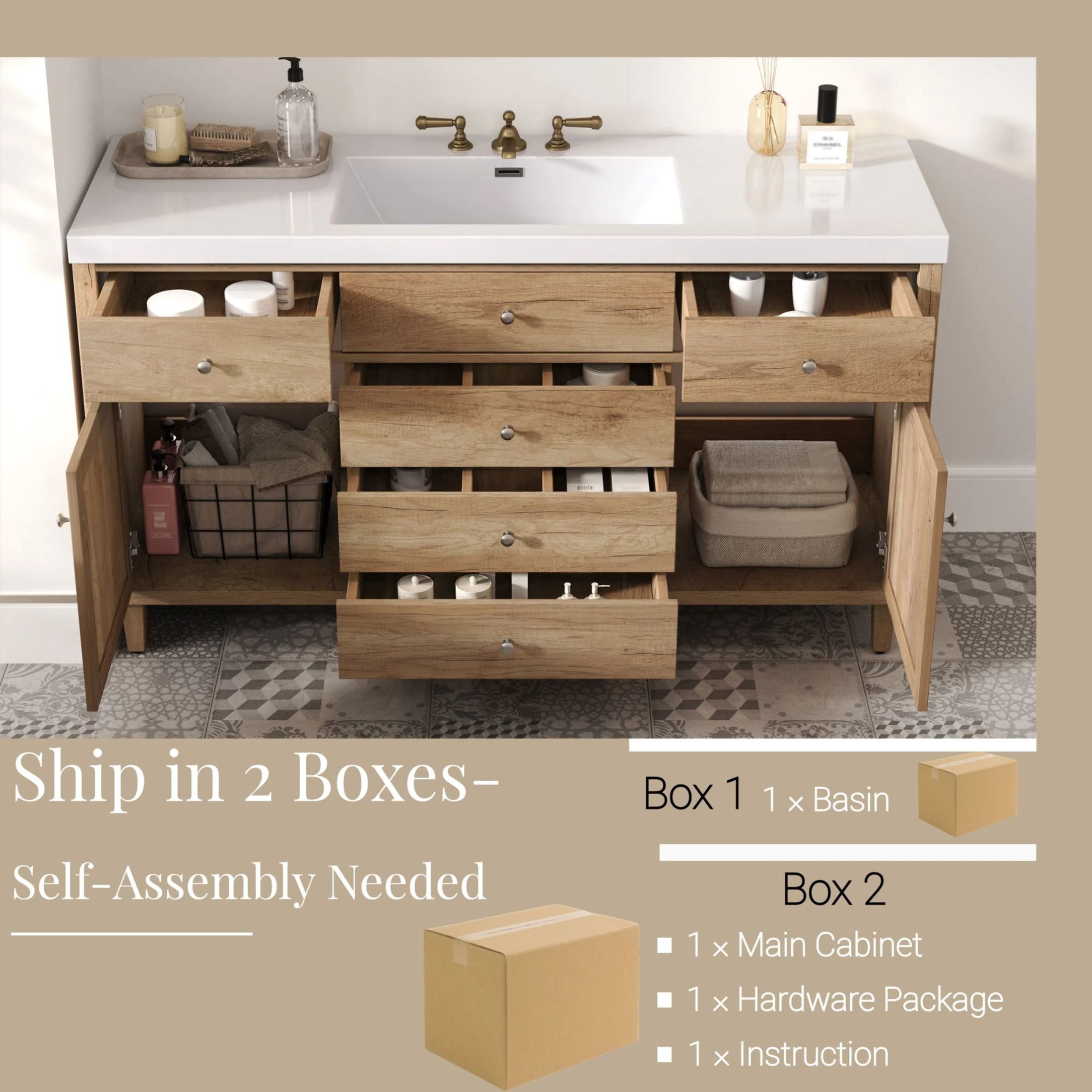 Christopher Knight Home 60" Bathroom Vanity with SMC Sink, Storage Cabinet and Drawers, Wood Frame, Antique Natural
