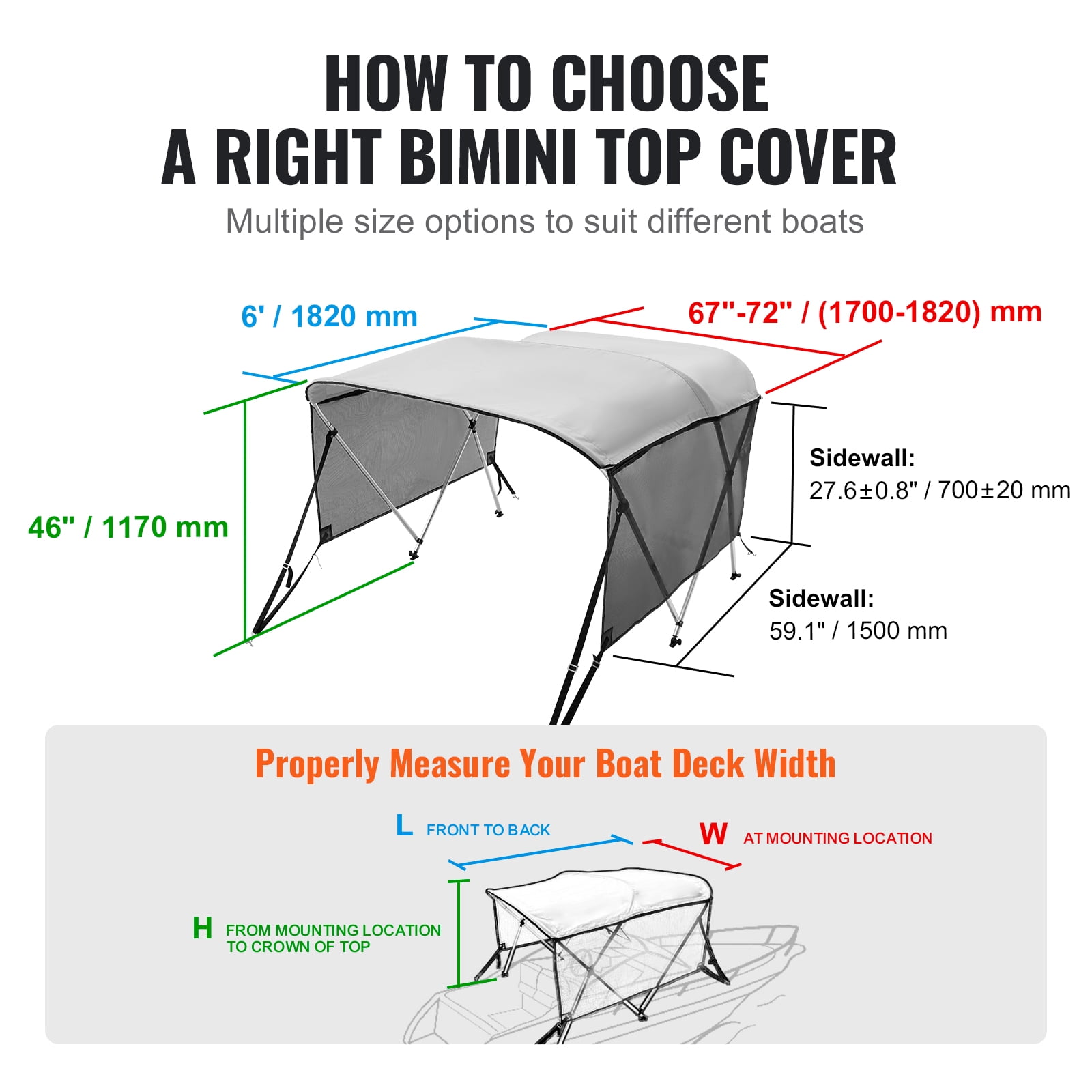 KFFKFF 3 Bow Bimini Top Boat Cover Detachable Mesh Sides 600D with Frame 67"-72"W