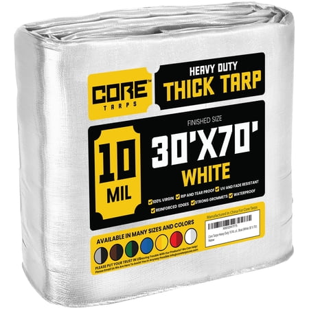 Core Tarps 10 Mil Heavy Duty Tarp Tarpaulin Waterproof Cover White 30 x 70Ft