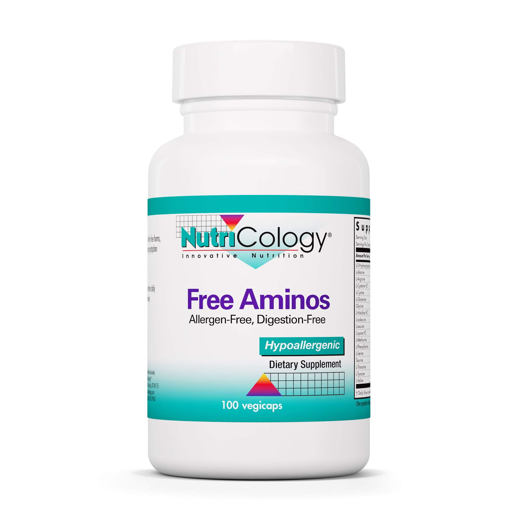 NutriCology Free Aminos - Essential Amino Acids Complex - 17 Free Form Blend with 5-HTP - Muscle & Metabolic Support - Vegetarian - 50 Servings - 100 Capsules